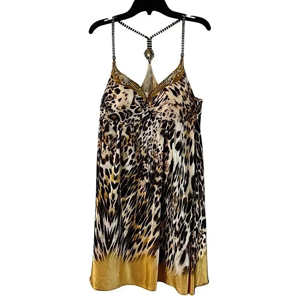Vintage Gizia Mini Dress 100% Silk With Swarovski Crystals Size 8 Animal Print